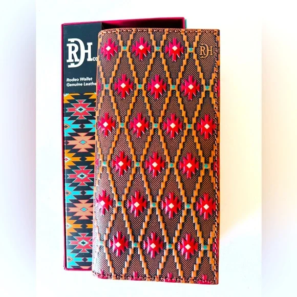 Red Dirt Hat Co Mens Brown Red Aztec Leather Slim Rodeo Bifold Wallet NIB - Picture 1 of 8
